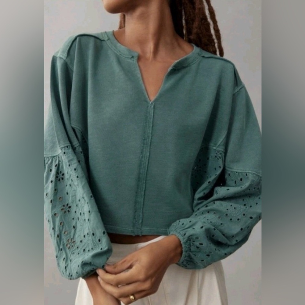 Anthropologie Pilcro Womens Sz XS Green Batwing Eyelet Sweatshirt Embroidered